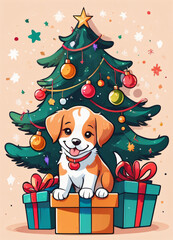 Cute Cartoon Christmas Puppy Illustration Greetings Card