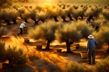 Obraz premium A tranquil olive grove bathed in golden sunlight, with farmers carefully collecting ripe olives using traditional hand-picking techniques during the harvest. --ar
