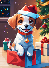 Cute Cartoon Christmas Puppy Illustration Greetings Card