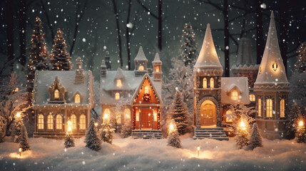 Fototapeta premium Christmas village winter postcard
