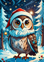 Cartoon Christmas illustration of the cute owl wearing Santa hat