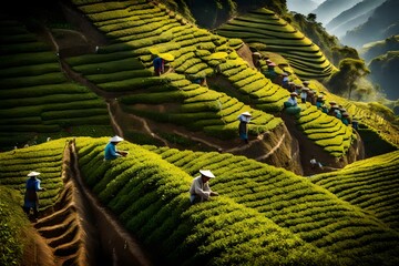 A picturesque tea plantation on a terraced hillside, with workers carefully plucking tea leaves during a precise and time-honored harvest. --ar