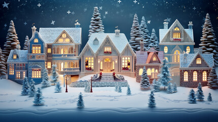 Christmas village winter postcard