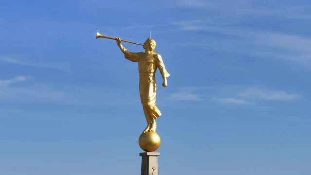 Aerial LDS Red Cliff Temple St George Utah close pull. Red Cliff Temple, The Church of Jesus Christ of Latter-day Saints, LDS or Mormon religion. Eternal family ordnances. Beautiful sacred building.