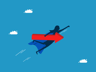 Progressive. Businesswoman holding a growth arrow flying in the sky. Vector