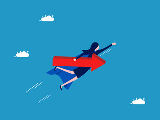 Businesswoman holding a growth arrow flying in the sky. Vector