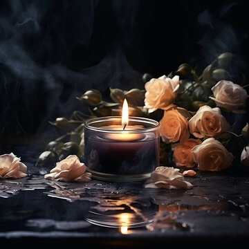 Znicz z kwiatami na grobie, żałoba. Ai generative