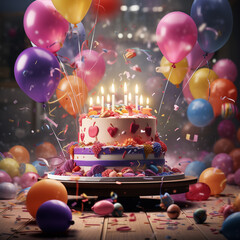 Kartka urodzinowa, tort, balony, konfetti. Ai generative - obrazy, fototapety, plakaty