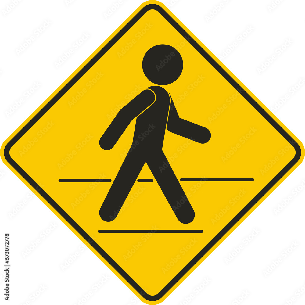 Sticker Isolated yellow black sign of pictogram man walking on walk lane, for cross walk of pedestrian walkway line