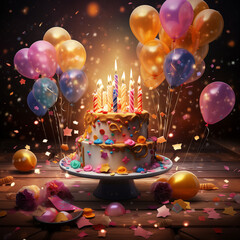 Kartka na urodziny, tort, balony, życzenia. Ai generative