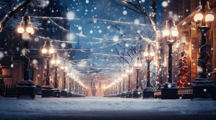 Snowy city street with illuminated lamps, trees, and historic buildings. Winter festive atmosphere. Concept of Winter holiday cityscape.