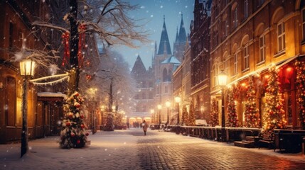 Fototapeta na wymiar Snowy European street with decorated trees and gothic church architecture. Winter and festive ambiance.
