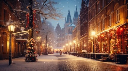 Naklejka premium Snowy European street with decorated trees and gothic church architecture. Winter and festive ambiance.