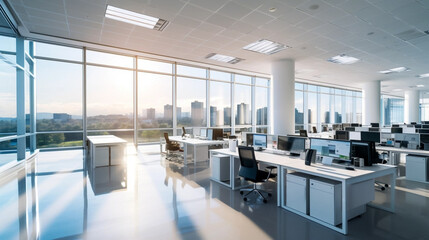 high quality photo, view of a modern open office space, big windows at one side, no people. Bright open office. Copy space available. - obrazy, fototapety, plakaty