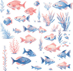 Cartoon Coral fish under the sea 2 colors