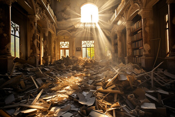 大量の本が散らばった図書館の廃墟 - obrazy, fototapety, plakaty