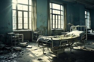 病院の廃墟に残る病室跡 - obrazy, fototapety, plakaty