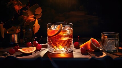 A still life photograph of an old - fashioned cocktail contains lemon as an element, Generative Ai