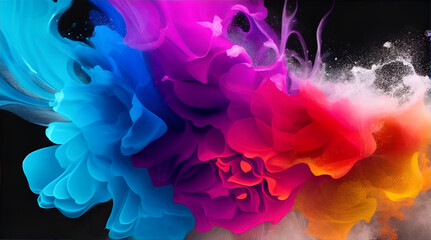 Obraz premium Splash of color paint. This image is a close-up of a colorful cloud of smoke on a black background. The smoke is made up of a variety of colors. The smoke is swirling and moving