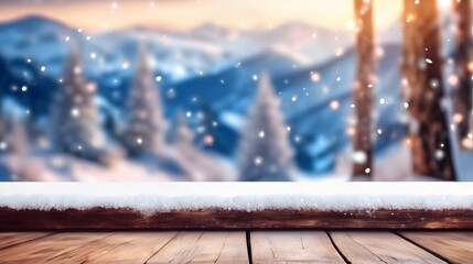 Fototapeta premium Winter Wonderland Snowy Mountain Landscape with Wooden Tabletop
