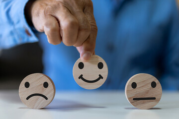 Human choose wood emotion smile, give feedback icon satisfaction survey, evaluation, customer,...