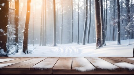 Winter Wonderland Snowy Mountain Landscape with Wooden Tabletop
