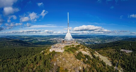 Hotel and transmitter on Jested mountain above the city of Liberec. Aerial shot