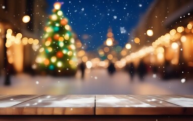 empty wooden tabletop with blurry Christmas holidays joyful town view and snowfall background