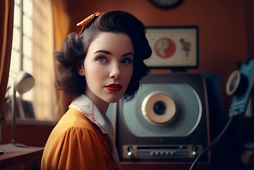 Woman retro music style radio. Copy space stylish portrait look. Generate Ai