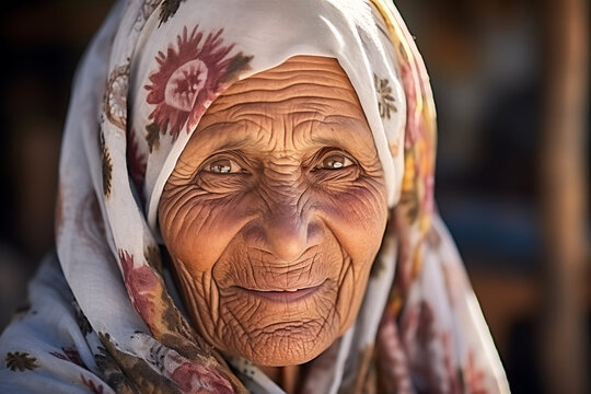 Smiling Arab elderly woman. Veiled Muslim woman. Old person. AI.