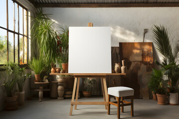 Artist's studio with blank canvas on an easel.