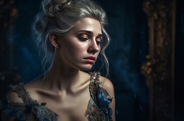 Crying blonde woman. Sad eye crying face adult. Generate Ai