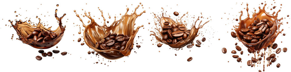 Coffee splash with coffee_beans  Hyperrealistic Highly Detailed Isolated On Transparent Background Png File