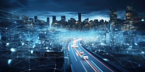 Automated self-driving in futuristic at modern urban city night on highway concept, skyscrapers in background, electric vehicle driving, autonomous sensor software, AI.