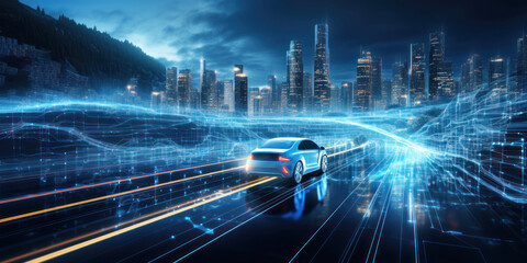 Electric vehicle driving at modern urban city night on highway, skyscrapers in background, automated self-driving in futuristic, future car software technology, autonomous sensor software.