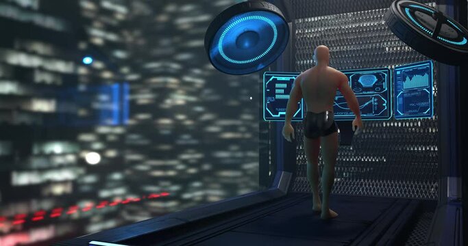human robot walking on a treadmill, night city, cyber world, fantasy, 3d render