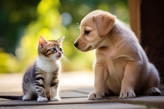見つめ合う可愛い仔犬と猫