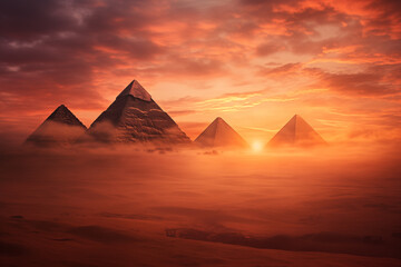 shot of the pyramids at dawn, shrouded in mist and mystery, highlighting their timeless grandeur.