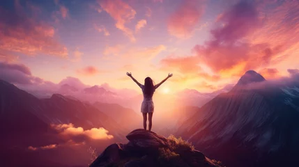 Foto op Plexiglas Silhouette of a confident woman standing atop a mountain with a pastel-colored sky, representing empowerment and freedom © Татьяна Креминская