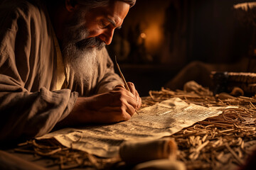 photo capturing the art of papyrus making, where an artisan works on this ancient writing material. - obrazy, fototapety, plakaty