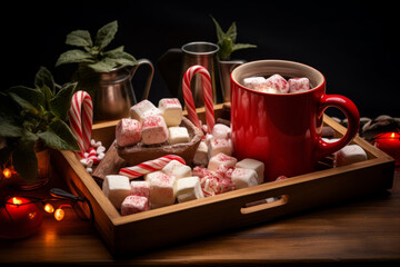 Obraz na płótnie Canvas New Year's Red Mug with Marshmallows in Wooden Tray