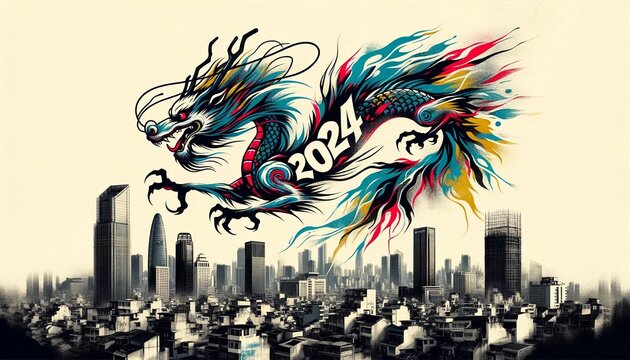 A fierce Chinese dragon coils dynamically around the year "2024," depicted in bold red brush strokes that evoke the traditional calligraphy of Asian heritage