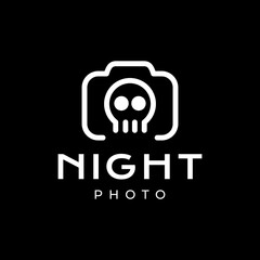 skull with camera photography night scare minimal simple line style logo design vector icon illustration