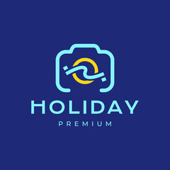 camera with wave and sunset holidays minimal style line simple colorful logo design vector icon illustration