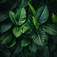 Background with tropical green leaves, atmospheric  top view of exotic forest plants.