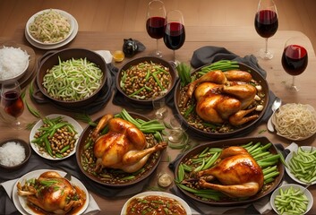 Peking Roast chicken being oven-roasted,crisp and golden-brazed skin, sides of spring onion, cucumber, and sweet bean sauce, wine glasses on the wooden table, Thanksgiving celebration background