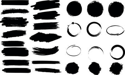 Brush Strokes Vector Illustration, Black Circles on White Background, Artistic abstract design with black brush strokes and circles, Ideal for modern design projects, backgrounds, and more.