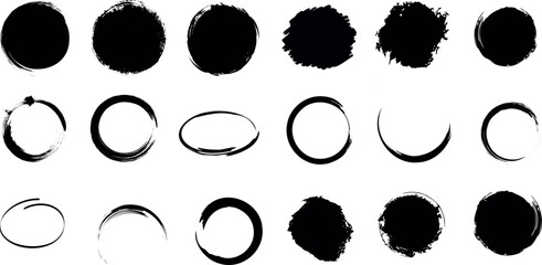 Brush Strokes Vector Illustration, Black Circles on White Background, Artistic abstract design with black brush strokes and circles, Ideal for modern design projects, backgrounds, and more. - obrazy, fototapety, plakaty