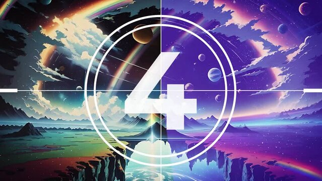 Countdown movie from 9 to 0 number. Countryside mountains landscape with a rainbow in the sky. High mountains and beautiful starry sky. AI-generated background