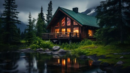 Fototapeta na wymiar Rustic Alaskan cabin surrounded by scenic nature and offering solitude in the isolated timberland.